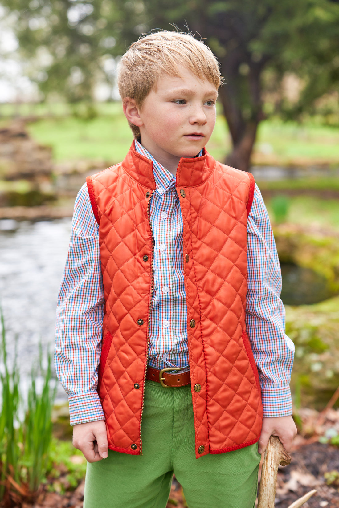 Little English traditional clothing, long sleeve button down shirt in orange, blue, and green teton plaid pattern for little boy