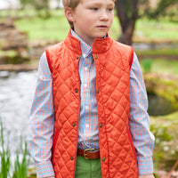 Little English traditional clothing, long sleeve button down shirt in orange, blue, and green teton plaid pattern for little boy