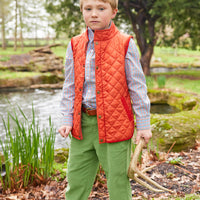 Little English traditional clothing, long sleeve button down shirt in orange, blue, and green teton plaid pattern for little boy