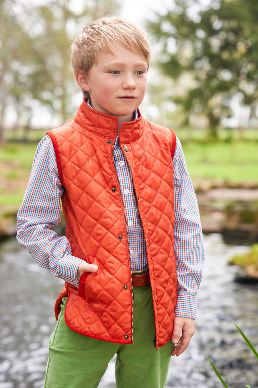 Little English traditional children's clothing. Unisex quilted orange vest for Fall