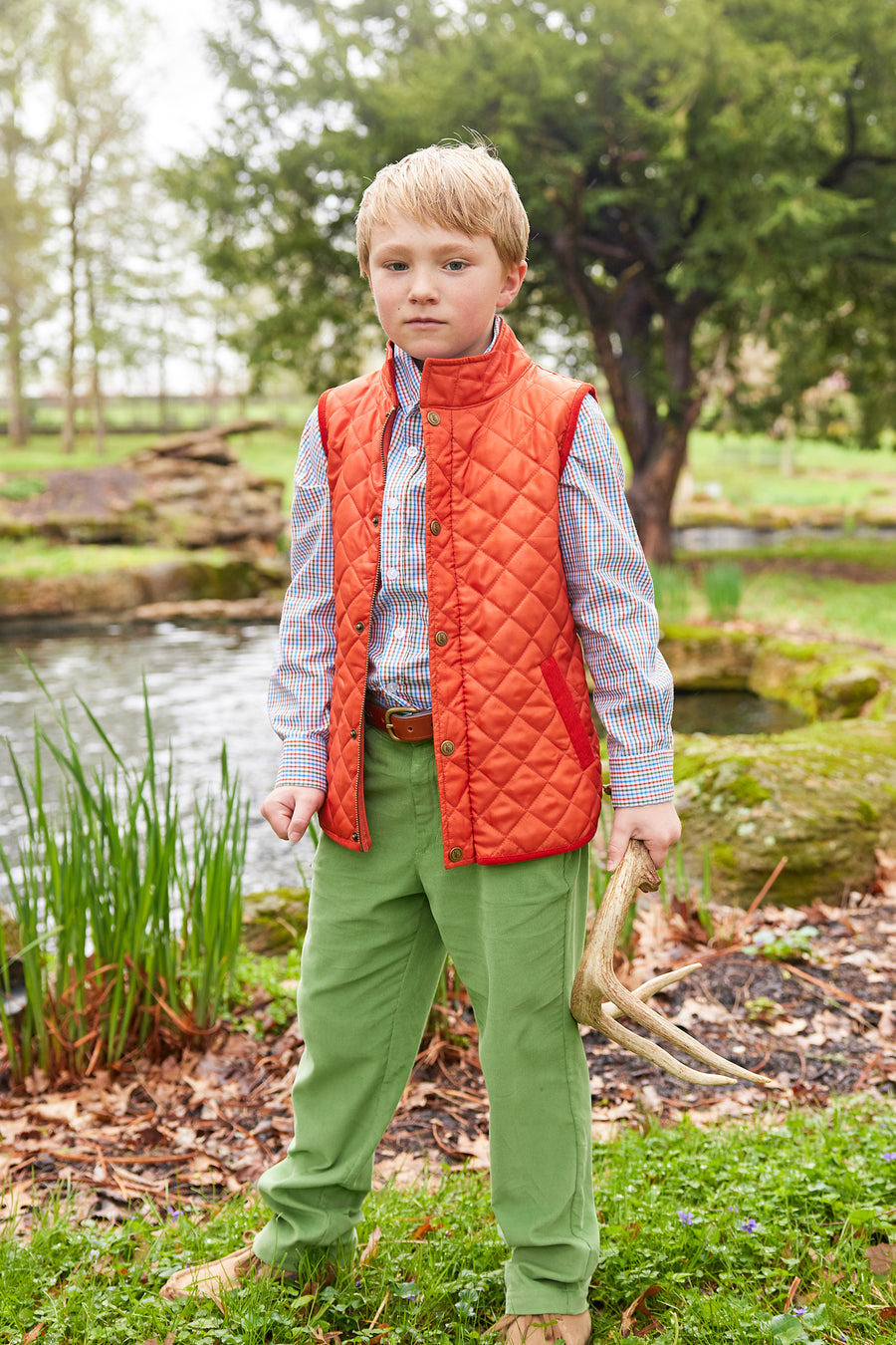 Little English traditional clothing, long sleeve button down shirt in orange, blue, and green teton plaid pattern for little boy