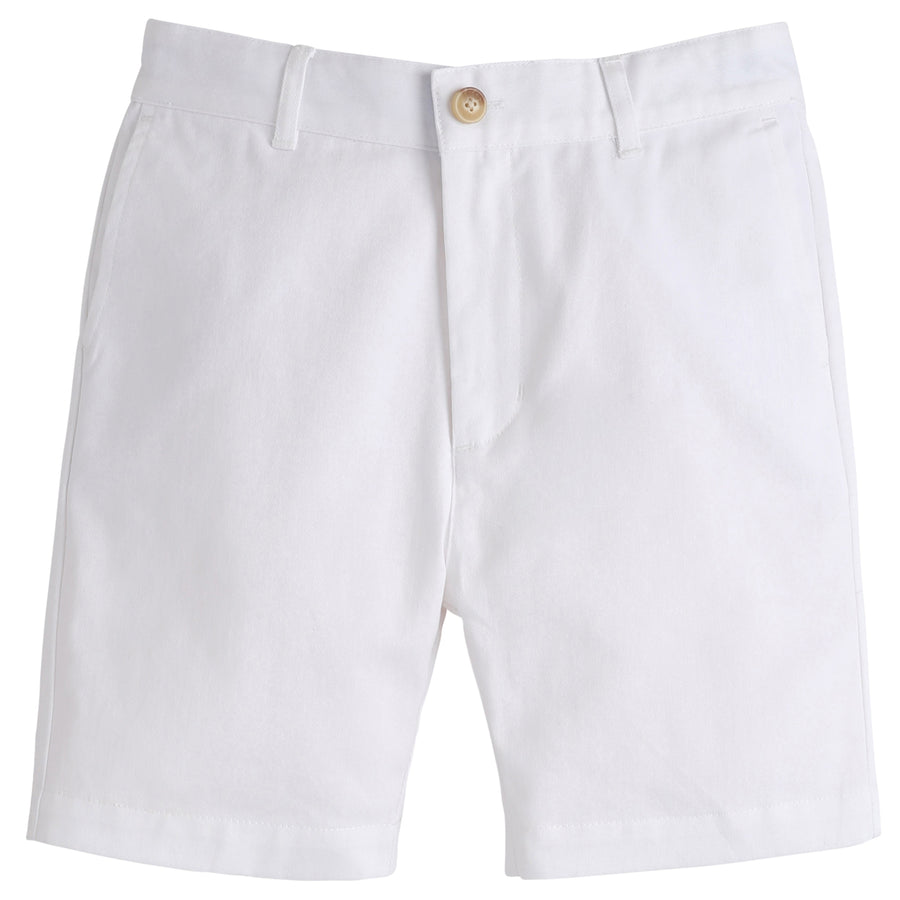 Little English classic children's clothing, boy's traditional short with zipper and belt loops in white twill for spring