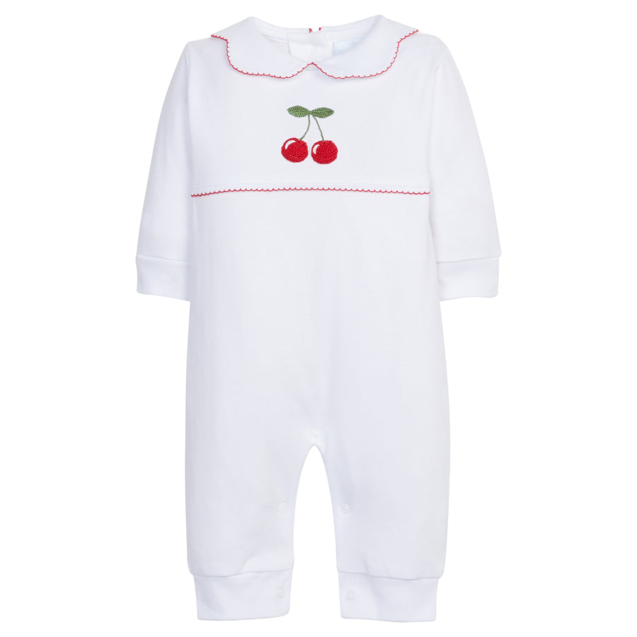 Little English baby girl's cherry red crochet playsuit, soft pima cotton one piece outfit