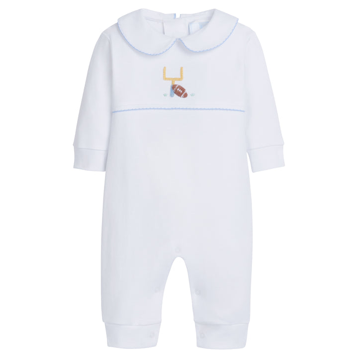 Little English classic childrens clothing baby boys playsuit with embroidered football on chest and blue trim