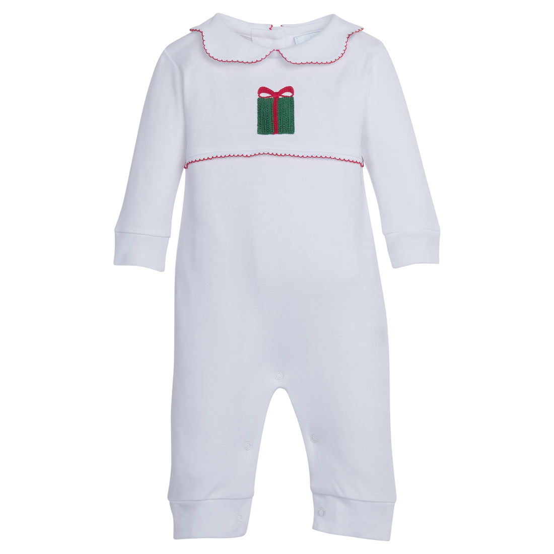 Little English traditional clothing, playsuit  in white with red crochet detailing around waist and collar, present crochet on chest, for baby