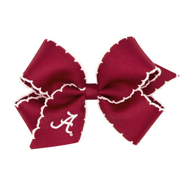 Little English traditional children's clothing.  Crimson grosgrain hair bow trimmed in white with white Alabama logo embroidery.  Game day hair bow for girls for Fall