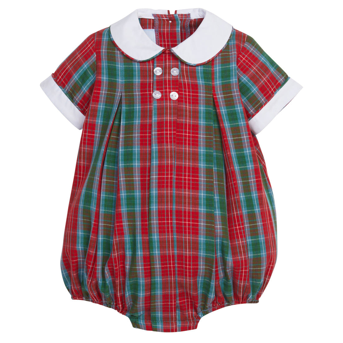 Little English traditional clothing, davant bubble in red, green, and blue highlands tartan pattern with buttons on chest for baby boy 