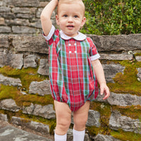 Little English traditional clothing, davant bubble in red, green, and blue highlands tartan pattern with buttons on chest for baby boy 