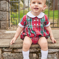 Little English traditional clothing, davant bubble in red, green, and blue highlands tartan pattern with buttons on chest for baby boy 