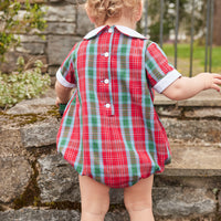 Little English traditional clothing, davant bubble in red, green, and blue highlands tartan pattern with buttons on chest for baby boy 