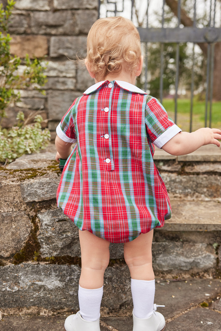 Little English traditional clothing, davant bubble in red, green, and blue highlands tartan pattern with buttons on chest for baby boy 