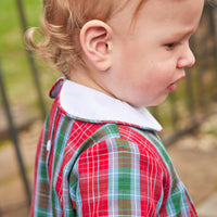 Little English traditional clothing, davant bubble in red, green, and blue highlands tartan pattern with buttons on chest for baby boy 