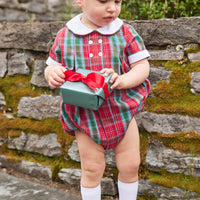 Little English traditional clothing, davant bubble in red, green, and blue highlands tartan pattern with buttons on chest for baby boy 