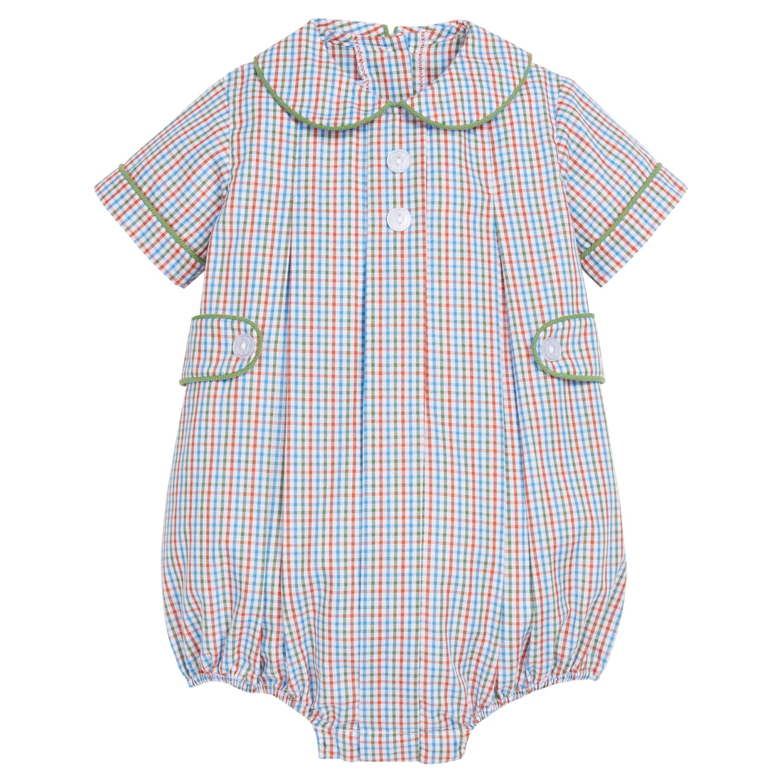 Little English traditional clothing, davant bubble in teton plaid pattern and green piping with buttons on chest for baby boy