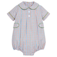 Little English traditional clothing, davant bubble in teton plaid pattern and green piping with buttons on chest for baby boy