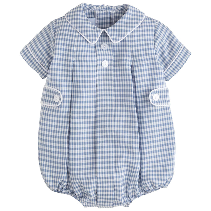 Little English classic children's clothing.  Gray blue and white gingham button for baby boys for fall