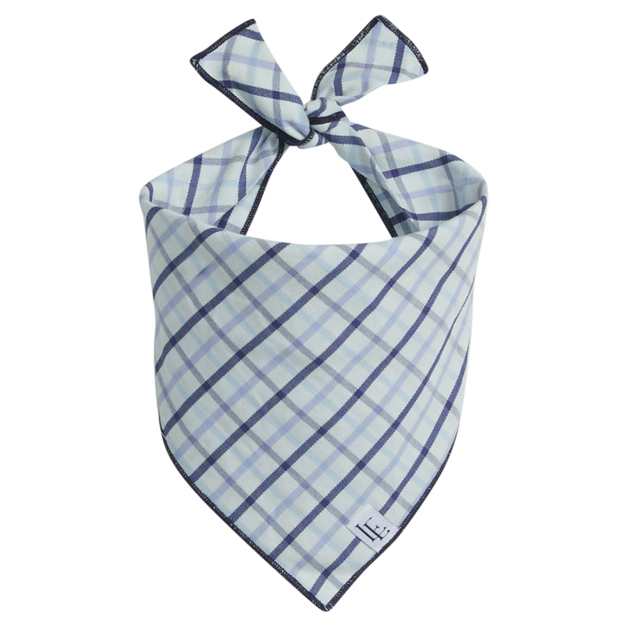 Little English traditional children's clothing.  Blue plaid dog bandana for fall