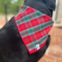 Little English traditional children's clothing.  Red and green tartan plaid dog bandana for Fall. Holiday dog bandana.