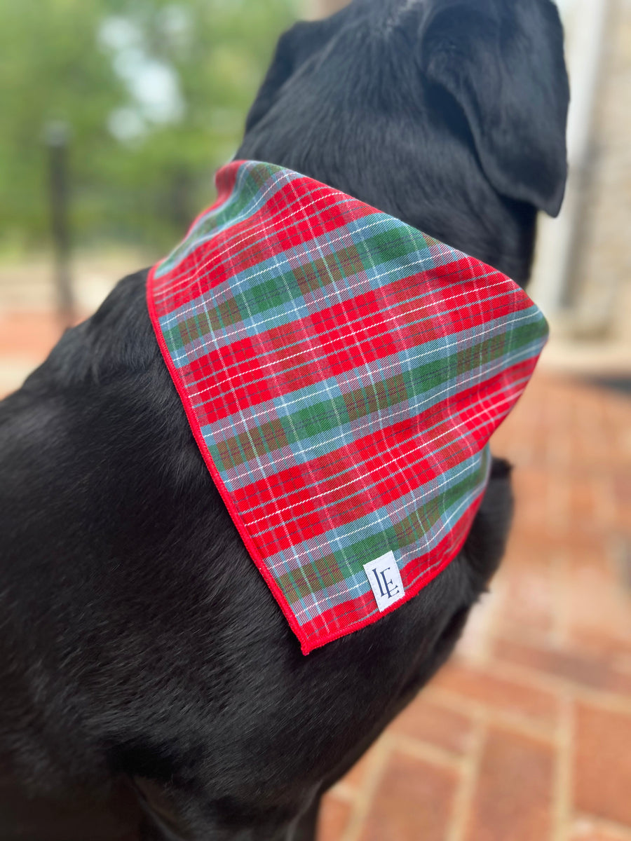 Little English traditional children's clothing.  Red and green tartan plaid dog bandana for Fall. Holiday dog bandana.