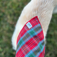 Little English traditional children's clothing.  Red and green tartan plaid dog bandana for Fall. Holiday dog bandana.