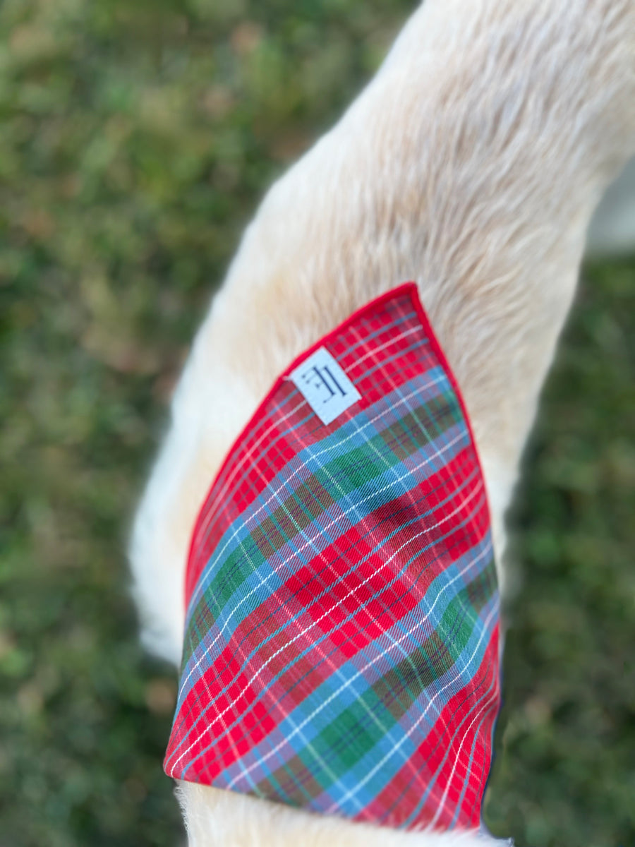 Little English traditional children's clothing.  Red and green tartan plaid dog bandana for Fall. Holiday dog bandana.