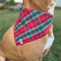 Little English traditional children's clothing.  Red and green tartan plaid dog bandana for Fall. Holiday dog bandana.