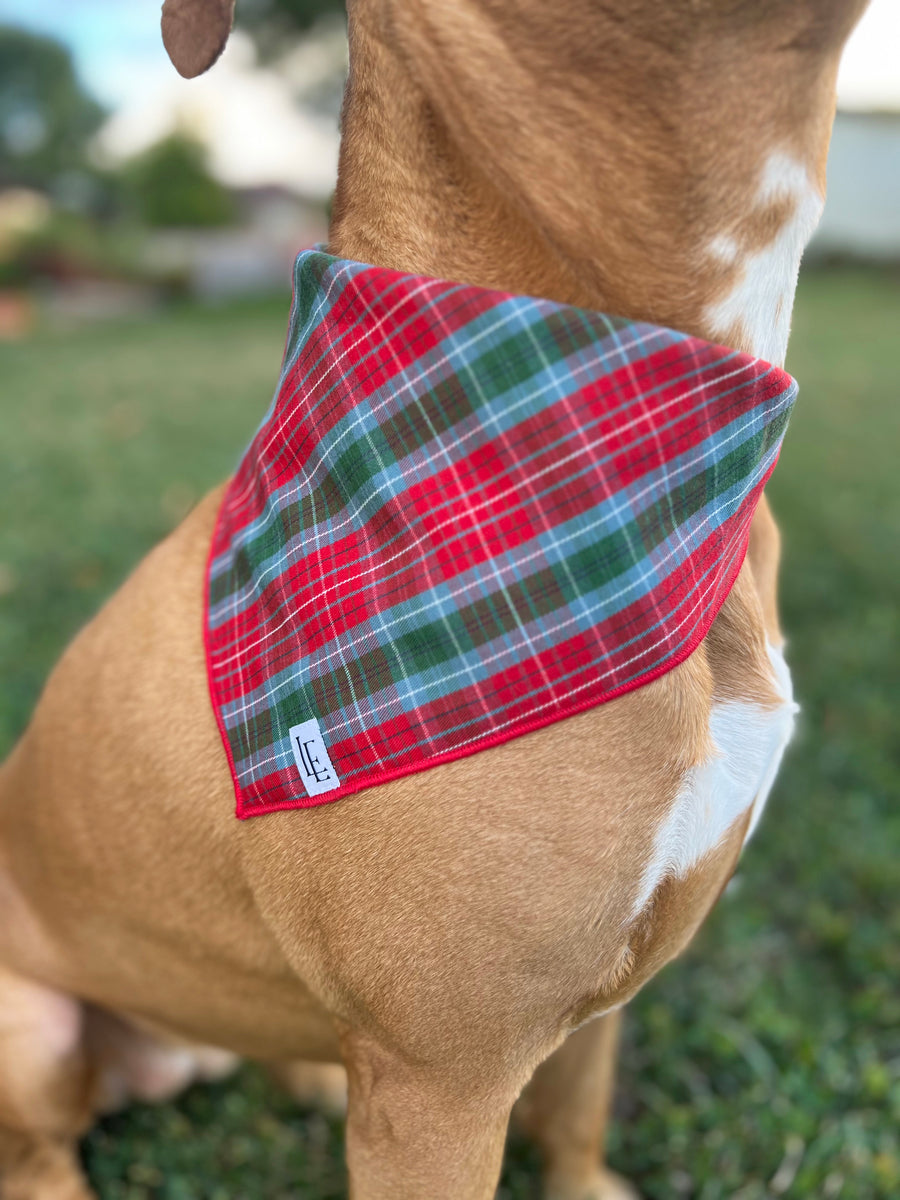 Little English traditional children's clothing.  Red and green tartan plaid dog bandana for Fall. Holiday dog bandana.