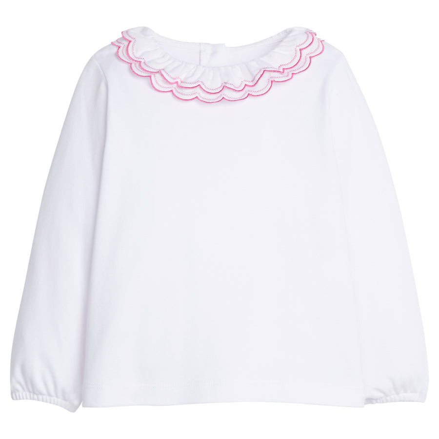 Little English traditional children's clothing.  White knit long sleeve shirt with double ruffle collar trimmed in hot pink for girls for Fall