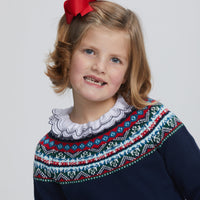 Little English traditional children's clothing.  White knit long sleeve shirt with double ruffle collar trimmed in navy with geometric fair isle sweater for girls for Fall