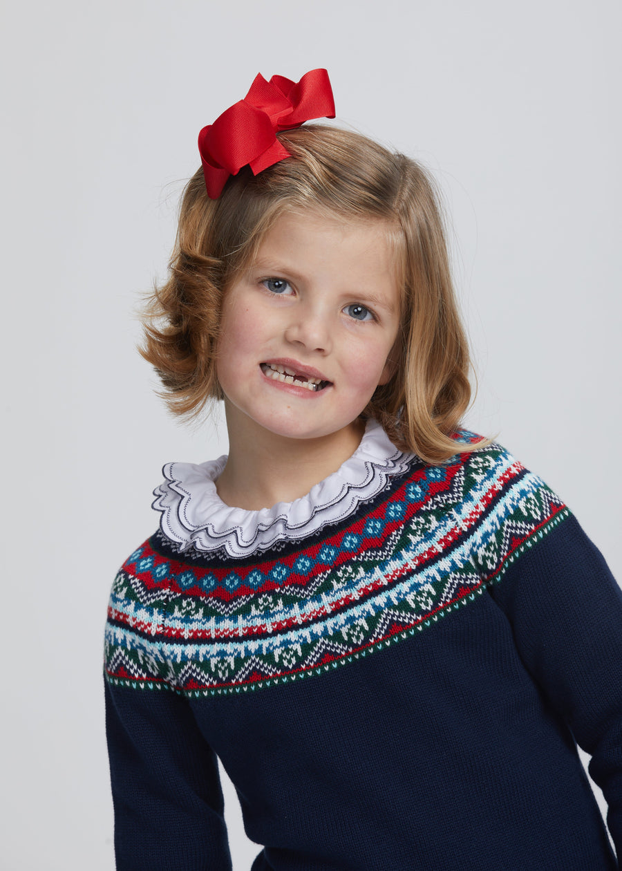 Little English traditional children's clothing.  White knit long sleeve shirt with double ruffle collar trimmed in navy with geometric fair isle sweater for girls for Fall