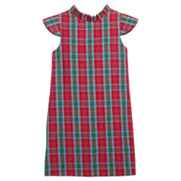 Little English traditional clothing, elizabeth dress in red, green, and blue highlands tartan pattern with ruffled neckline for little girl 