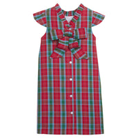 Little English traditional clothing, elizabeth dress in red, green, and blue highlands tartan pattern with bow around back for little girl