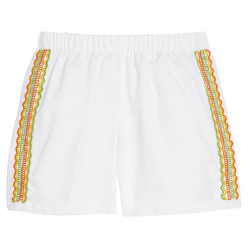 Little English x Mi Golondrina white twill basic short with multicolored fiesta embroidery, elastic waist short for boys