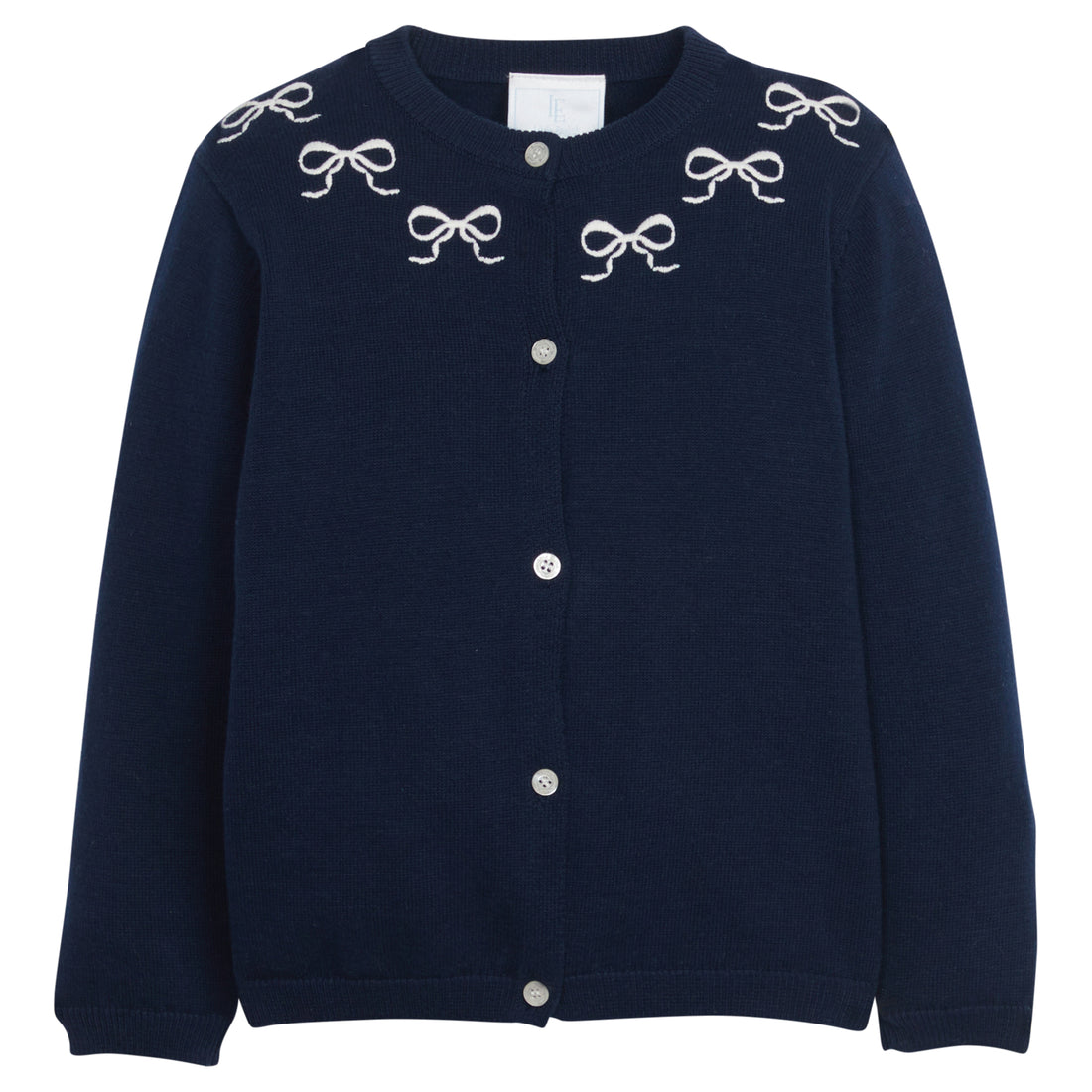 Little English traditional clothing, knit essential cardigan in navy with white bow embroidery around neckline and white buttons down the center, for little girl