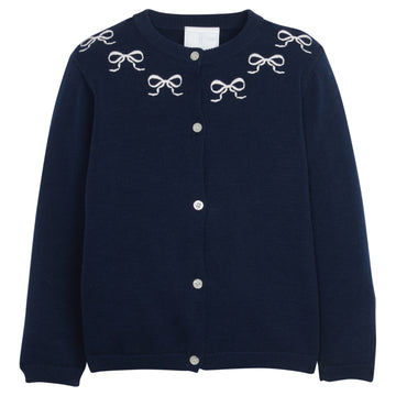 Little English traditional clothing, knit essential cardigan in navy with white bow embroidery around neckline and white buttons down the center, for little girl