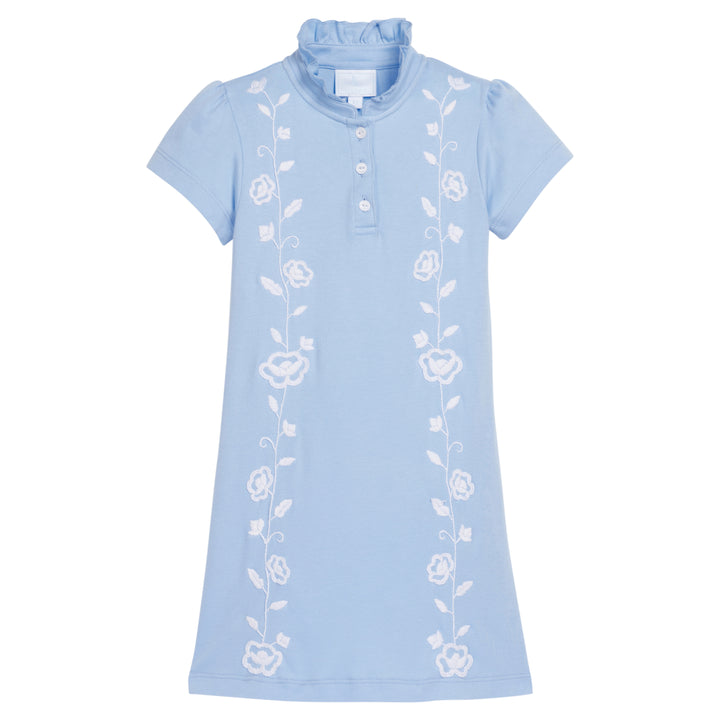 Little English x Mi Golondrina blue cotton dress for spring, girl's short sleeve polo dress with white embroidery