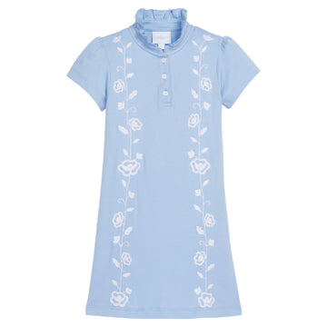 Little English x Mi Golondrina blue cotton dress for spring, girl's short sleeve polo dress with white embroidery