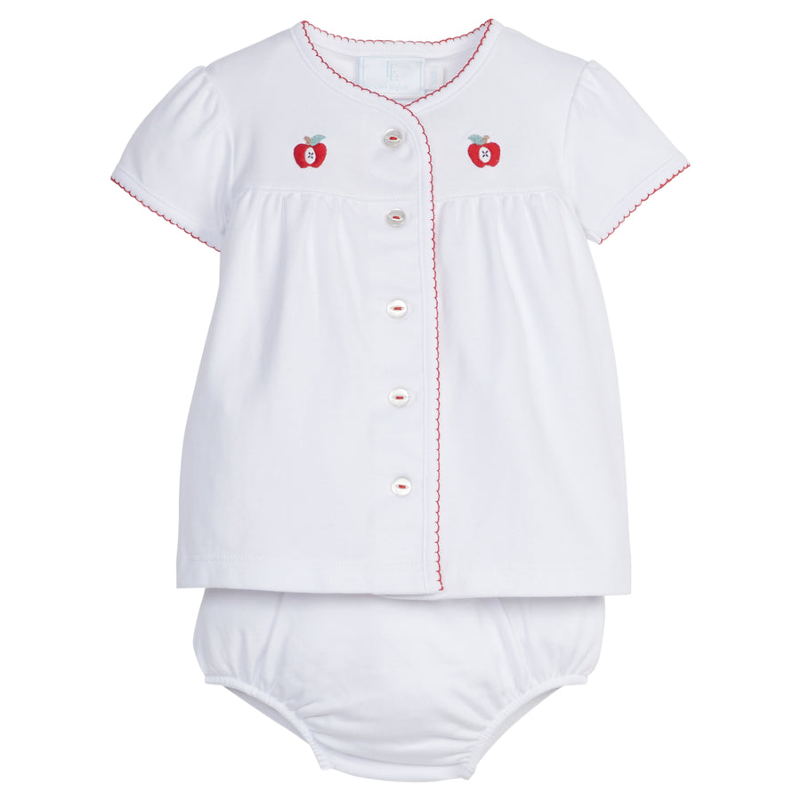 Little English traditional children's clothing.  Pima Cotton white knit set with red trim and apple embroidery for babies for fall.