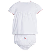 Little English traditional children's clothing.  Pima Cotton white knit set with red trim and apple embroidery for babies for fall.