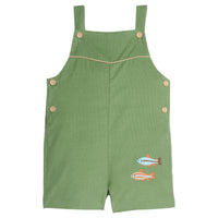 Little English traditional children's clothing, McCall shortall in watercress green color with wooden buttons on side and shoulder area and fish embroidery on leg for little boy