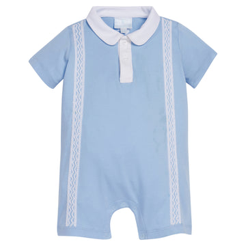 Little English x Mi Golondrina blue cotton romper for spring, baby boy's short sleeve peter pan polo romper with white embroidery