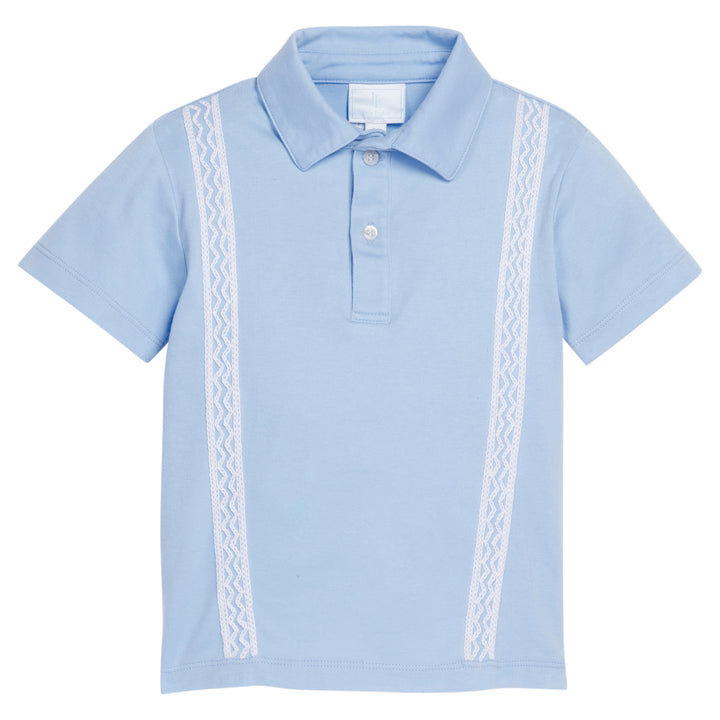 Little English x Mi Golondrina blue cotton polo for spring, boy's short sleeve polo with white embroidery