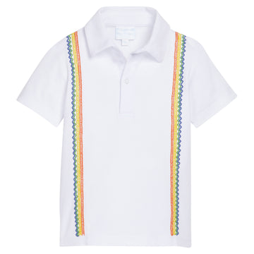 Little English x Mi Golondrina white cotton polo for spring, boy's short sleeve polo with multicolored embroidery