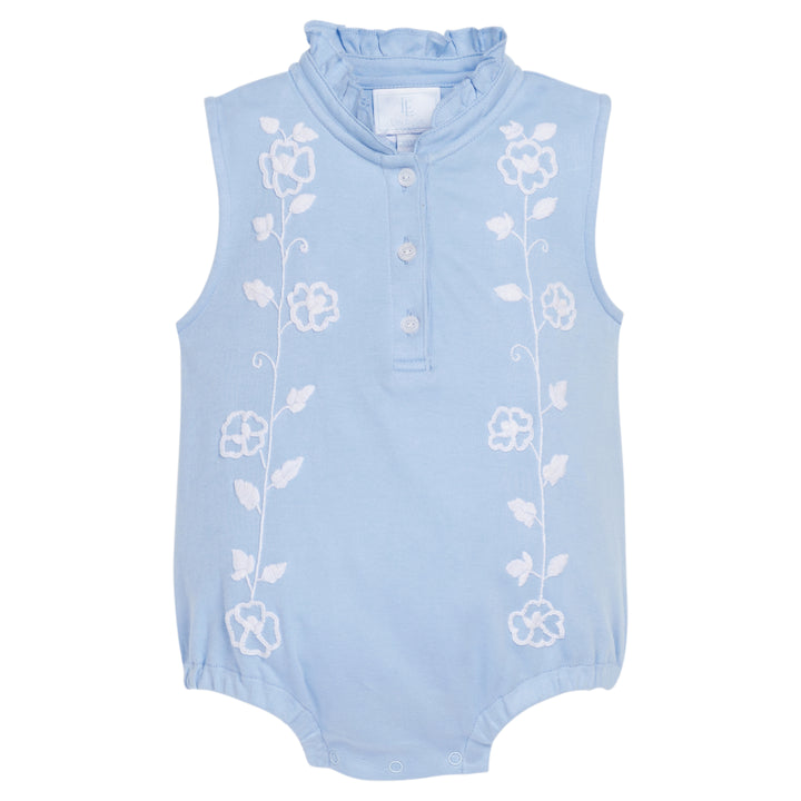 Little English x Mi Golondrina blue cotton bubble for spring, baby girl's sleeveless polo bubble with white embroidery