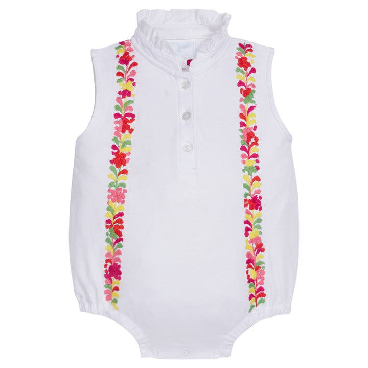 Little English x Mi Golondrina white cotton bubble for spring, baby girl's sleeveless polo bubble with multicolored embroidery