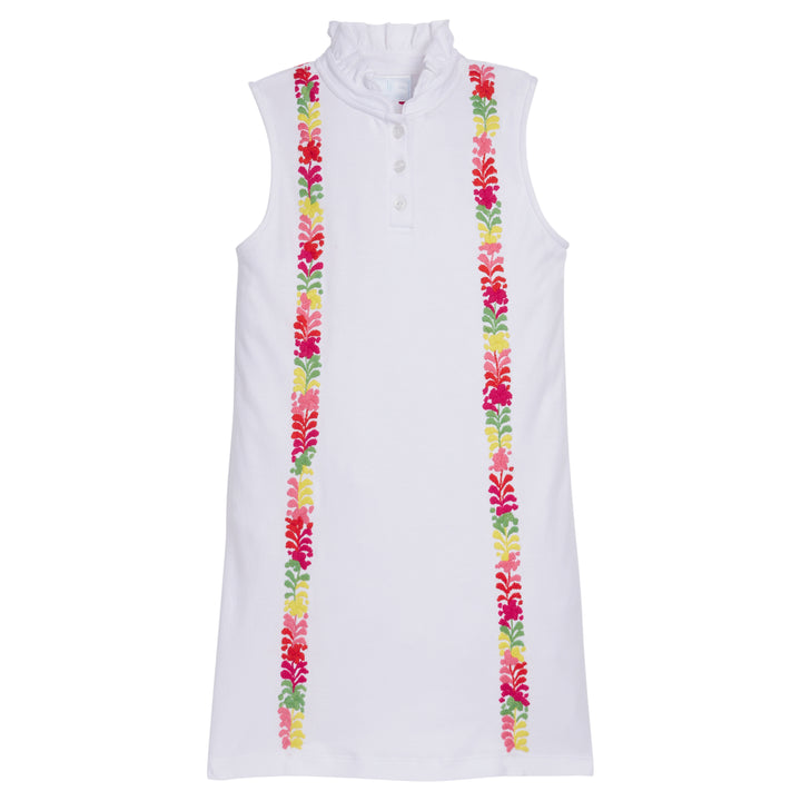 Little English x Mi Golondrina white cotton dress for spring, girl's sleeveless polo dress with multicolored embroidery