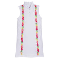 Little English x Mi Golondrina white cotton dress for spring, girl's sleeveless polo dress with multicolored embroidery