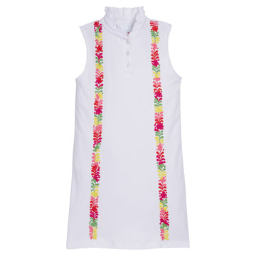 Little English x Mi Golondrina white cotton dress for spring, girl's sleeveless polo dress with multicolored embroidery