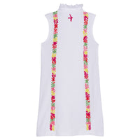 Little English x Mi Golondrina white cotton dress for spring, girl's sleeveless polo dress with multicolored embroidery