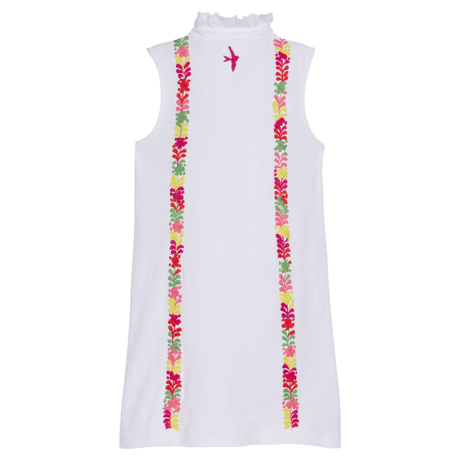 Little English x Mi Golondrina white cotton dress for spring, girl's sleeveless polo dress with multicolored embroidery